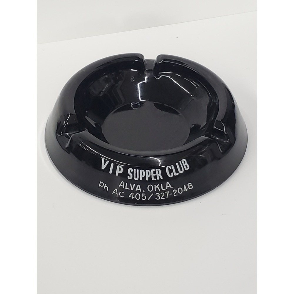 Vintage VIP Supper Club Alva Oklahoma Black Ceramic Ashtray Retro Tobacciana